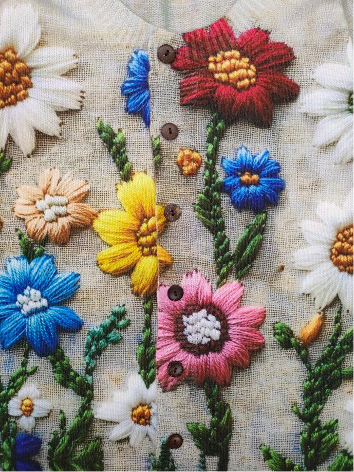 Women's Floral 3D Print Knitted Cardigan - Round Neck, Long Sleeve, Casual Spring/Winter Wear