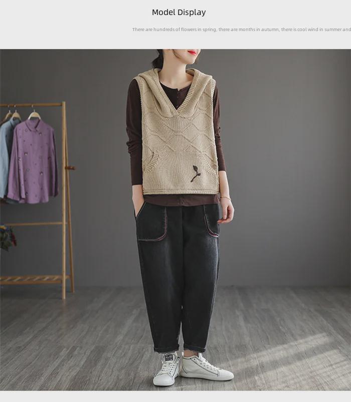 Ladies' Hooded Retro Knit Vest - 2024 Spring/Autumn Waistcoat Layered Top