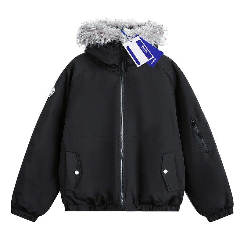 Wassup American Retro Fur Collar Hooded Cotton Parka Jacket for Men and Women, Winter Thickened Minimalist Workwear Cotton Coat