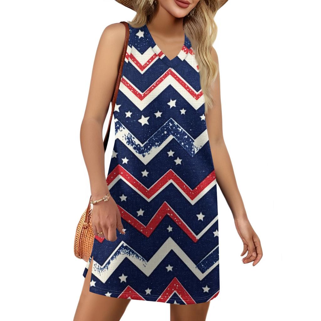 Women's V-neck Summer Casual Beach Vacation Women's Sleeveless Independence Day Print Sundress