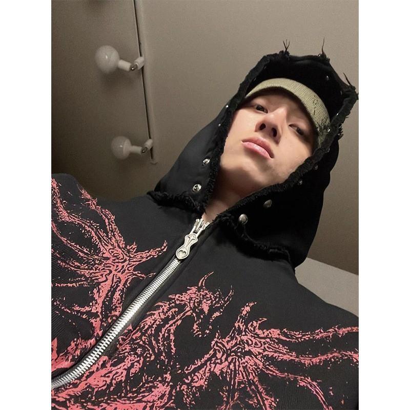 American Style Heavyweight Devil Print Rivet Hoodie Mens Loose Zip Up Sweatshirt Jacket