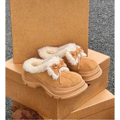 Милые слипоны-полутапочки с бантиком-бабочкой, женская модная обувь, зимние сапоги из шерсти на толстой подошве, с круглым носком, резиновая подошва