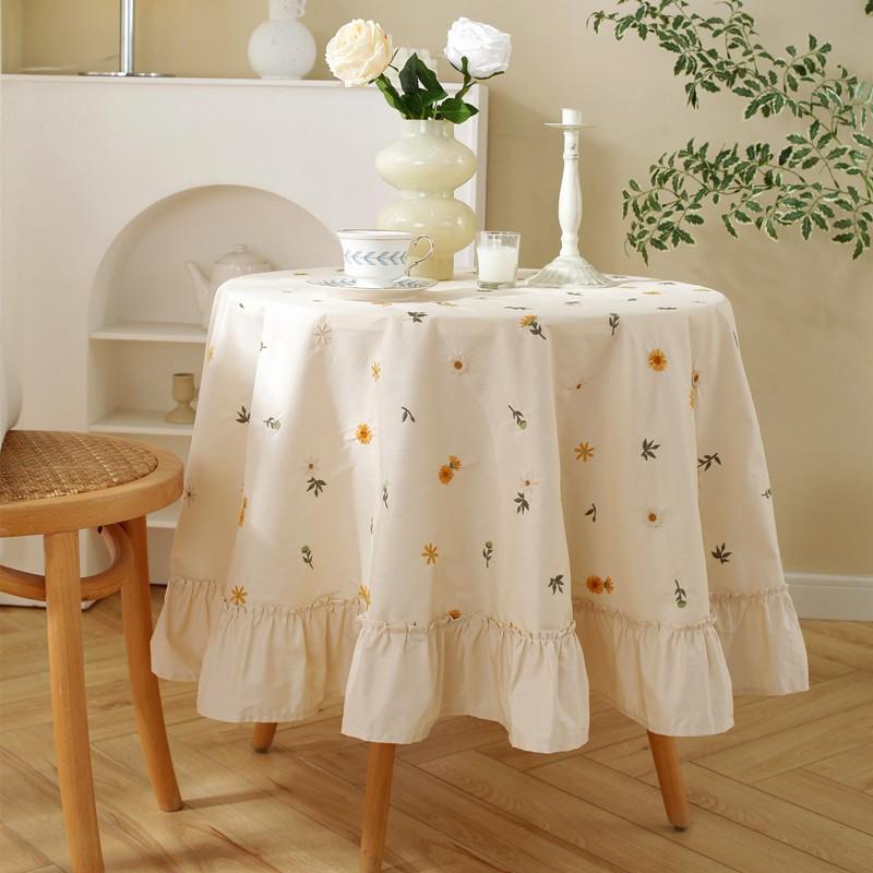 Luxury Cotton Embroidered Round Tablecloth Waterproof Floral Table Cover Dining Room
