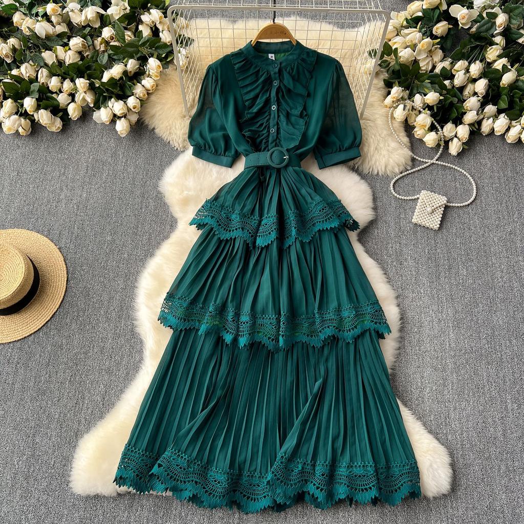 Женские кружевные лоскутные длинные платья с пышными рукавами и талией