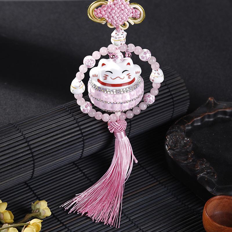 Подвеска для автомобиля 'Счастливый кот', инкрустированная бриллиантами, кристаллическая керамика, китайский узел, подвеска для зеркала заднего вида автомобиля, украшение, автомобильные аксессуары