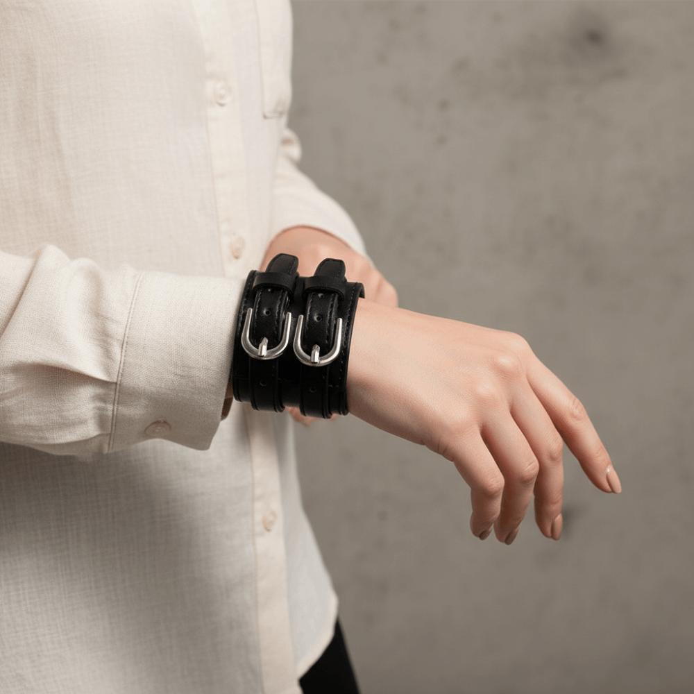 Armlet Double-Row Belt Design Bangle Wrist Jewelry Geometric Dual-Strap Leather Bracelet Euro-American Style Solid Color