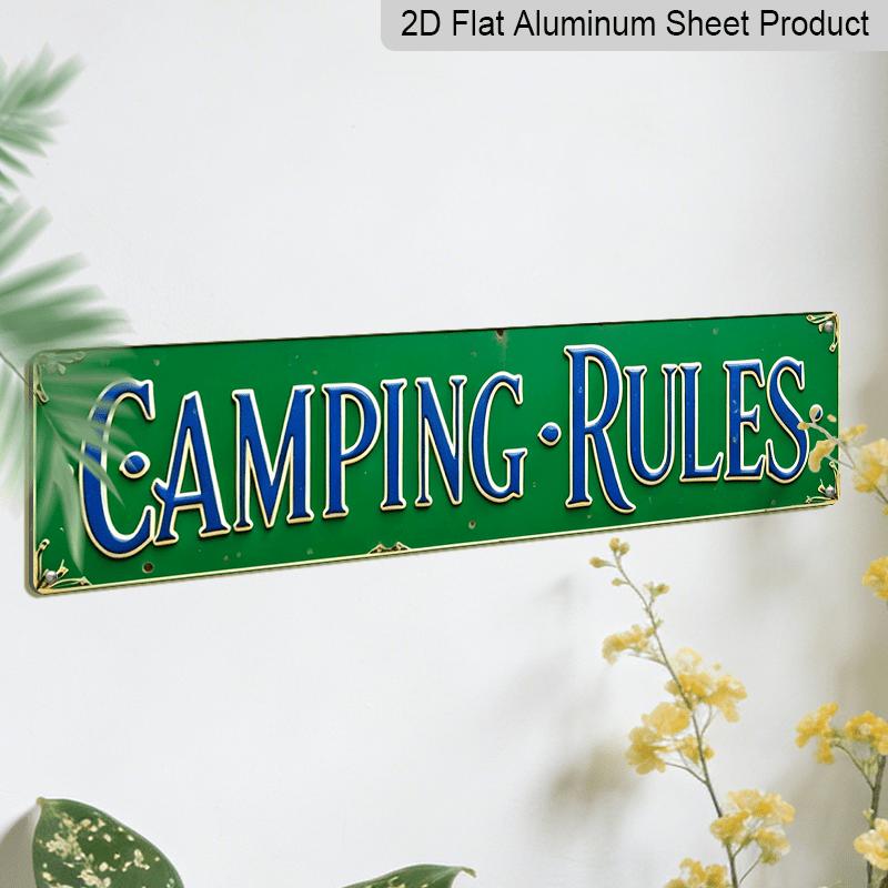 2D Flat, Vintage-Style Metal Wall Sign Aluminium Decorative Sign Says Camping Rules. - Rustic Decor for Home, Office, Cafe, Or Garden - Perfect Gift