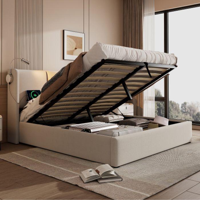 Lit double capitonné - MUVOE - 140x200 - Chargeur USB - Tête de lit avec lampe - Espace de rangement