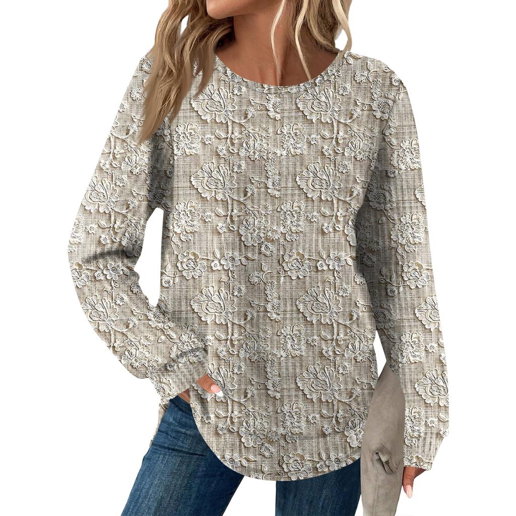 Women's Fashion Long Sleeve Floral Loose Long Sleeve Round Neck Casual Top