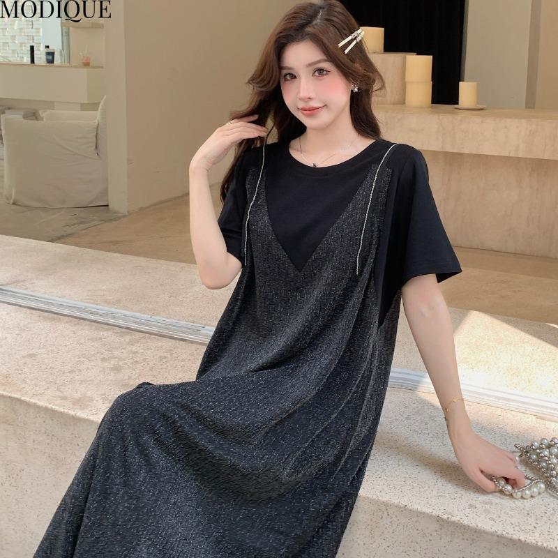 MODIQUE Лето Плюс Размер Новое Женское Свободное Элегантное Черное Золото Quicksand Fine Flash Silver Шелковое Вертикальное Длинное Платье Женские Платья С Коротким Рукавом и О-Образным Вырезом