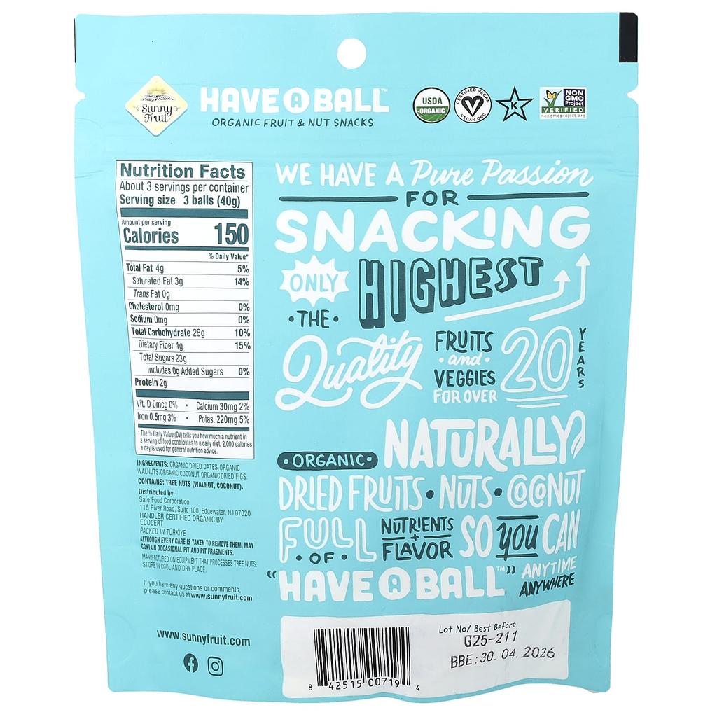 Sunny Fruit, Have A Ball™, Organic Fruit and Nut Snack, Figs and Walnuts, 4.4 oz (126 g)
