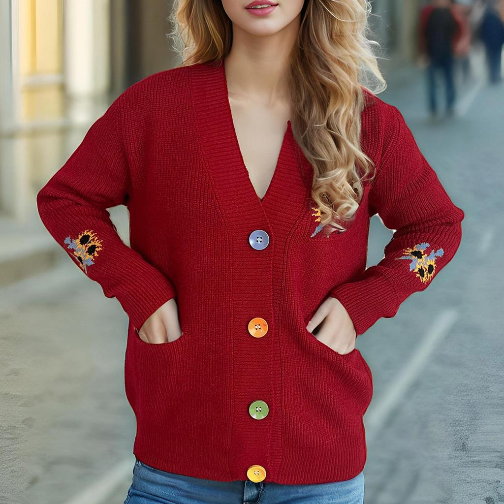 Цветочная вышивка вязаный свитер V-образный вырез контрастного цвета женский свитер повседневное универсальное пальто