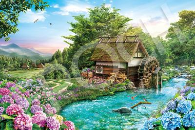 Пазл EPOCH из 1000 деталей Элегантная коллекция Утро на водяной мельнице x с клеем и шпателем, в комплект входит билет для подсчета очков Иллюстрация/Искусство (50