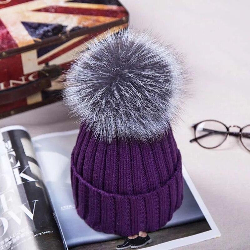 Winter Knitted Hats with Faux Fox Fur Ball Tops Women Pom Pom Beanies Warm Cap Casual Women's Fur Hat Fashion