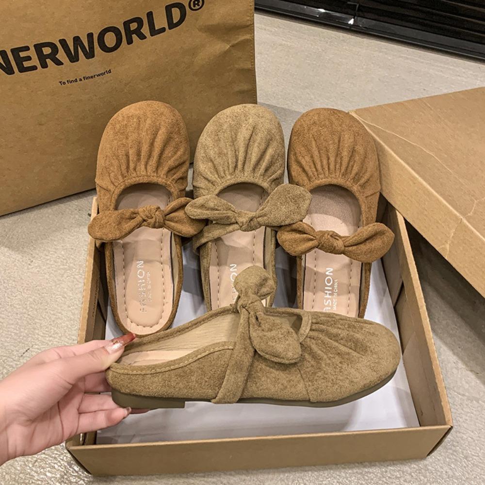JMXD-bow Bag Head Half Slippers Женская верхняя одежда, весенне-летние замшевые тапочки в стиле феи на плоской подошве в стиле ретро