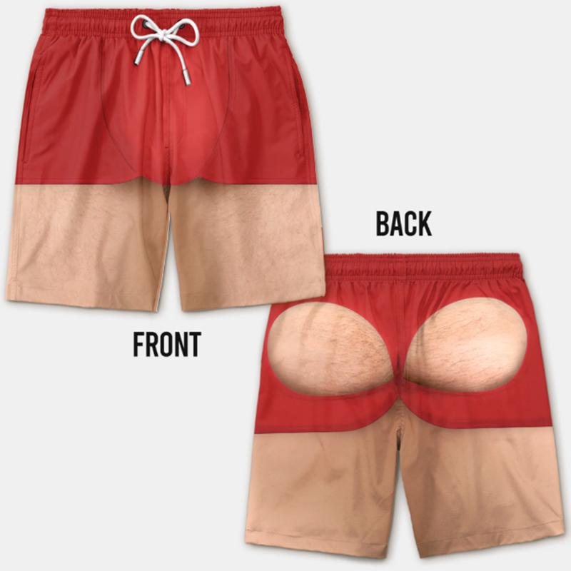 Men 3D Illusion Fake Butt Prank Swim Trunks Drawstring Board Shorts Leopard USA Flag Loose Beach Shorts Funny Gag Gift