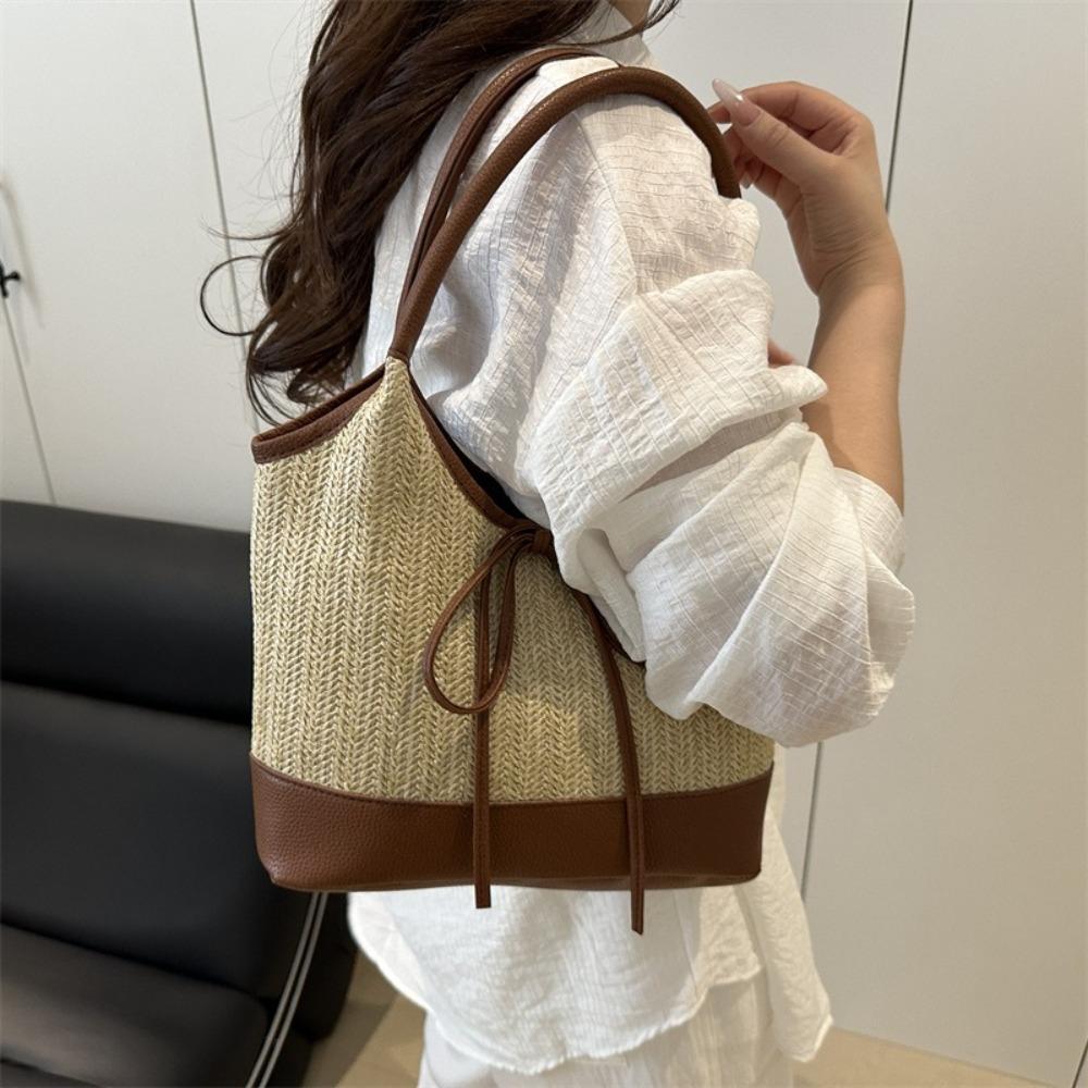 Elegant Straw Shoulder Bag Bow Tie Women's Handbag Trendy Weaving Tote Bag Lady