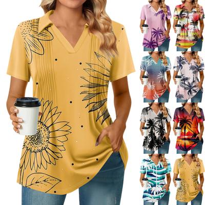 Женские футболки с коротким рукавом, плиссированные, с V-образным вырезом, с принтом, с воротником, летние топы, модные, деловые, повседневные, рабочие