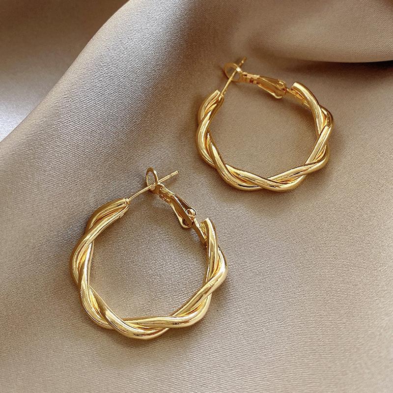 Classic Simple Twisted Weaving Metal Hoop Earrings for Woman 2025 New Vintage Geometric Statement Earrings Zircon Brincos Gift