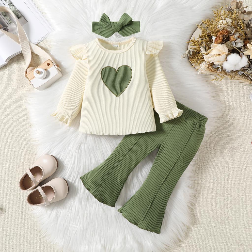 Girls Spring Autumn Suit Heart-shaped Printed Pit Strip Long-sleeved Sweatshirt and Trousers 3-piece Set