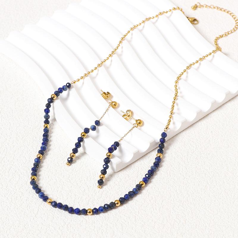 European and American Retro Natural Stone Fringed Earrings Stainless Steel Studs Lapis Lazuli Collarbone Chain Beaded Necklace
