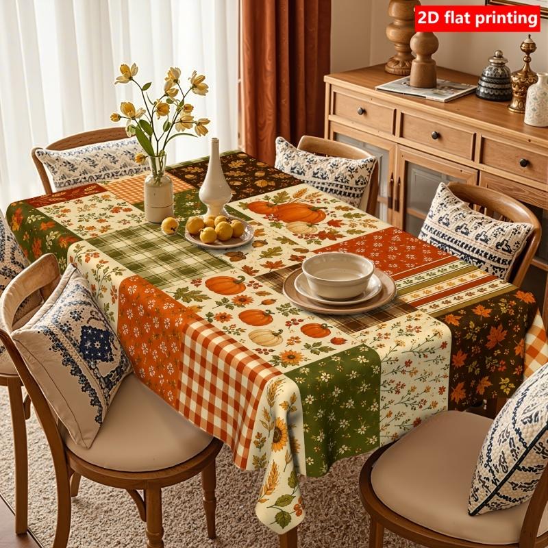 Autumn Fall Patchwork Tablecloth Pumpkin Maple Leaf Sunflower Print Farmhouse Country Table Cover Vintage Thanksgiving Dining