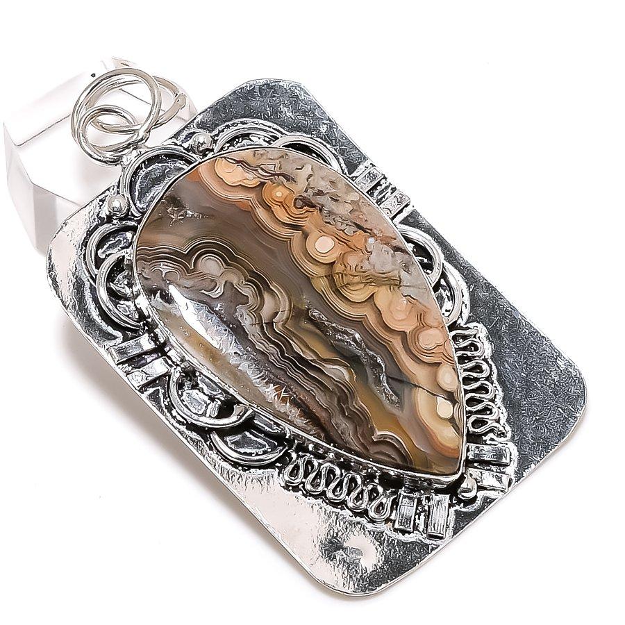 Crazy Lace Agate Gemstone Handmade 925 Sterling Silver Pendant 2.68" A3a33