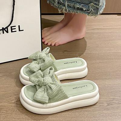 Женские тапочки с бантом на платформе, летние шлепанцы на плоской подошве, 2024, новые модные пляжные сандалии для прогулок, женские сапатиллы