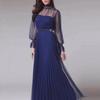 Elegant Blue Long Evening Dress with Sleeves - Perfect for Banquets and Events