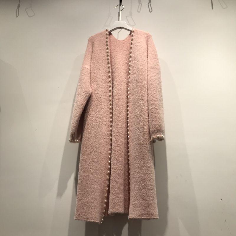 Women's Mink Fleece Cardigan Jacket Autumn and Winter Midi Beaded Knitted Cardigan Loose Casual Over-the-knee Knitted Sweater Coat