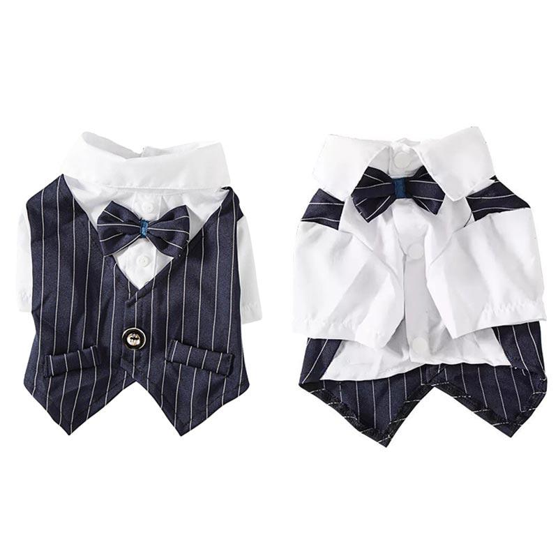 Gentleman Dog Clothes Eco-Friendly Cotton Striped Bowtie Tuxedo Pet Outfit Wedding Suit Formal Shirt for Small Dogs Summer