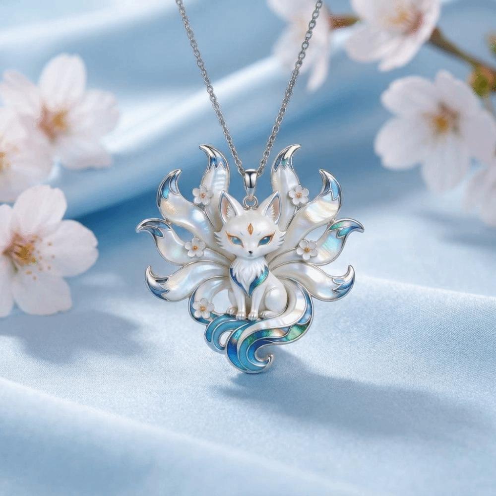 Enamel Look Nine-Tailed Fox Necklace Silver Tone Chain Guardian Charm Pendant Daily Wear