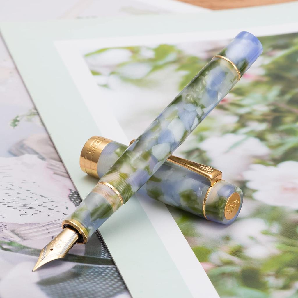 Lanxivi Jinhao Классическая перьевая ручка Экстратонкий конвертер и набор пенал Ручка, Сине-зеленый целлулоид, Перо,