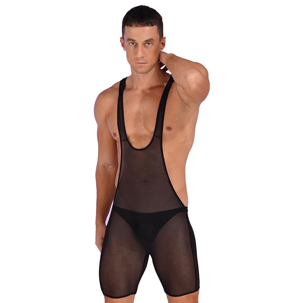 Men's Suspender Wrestling Singlet Leotard Bodysuit Jockstrap One Piece Deep U Neck Jumpsuit