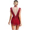 Womens Ballet Gymnastics Dress Rhinestones Figure Ice Skating Leotard Sleeveless Sheer Mesh Patchwork Tassel Skirted Bodysuit