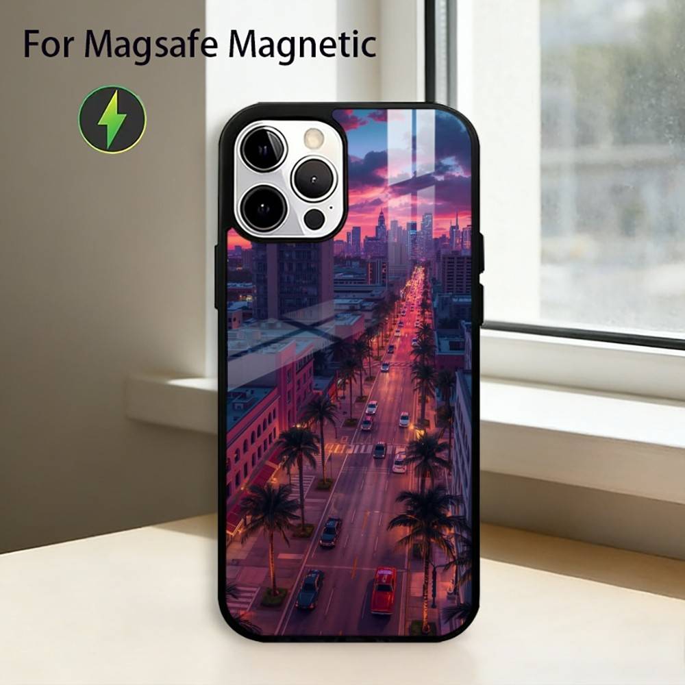 Летняя Арт M-Майами Флорида Чехол для Телефона Для iPhone17,16,15,14,13,12,11 Plus,Pro Магнитный с Magsafe Беспроводная Зарядка