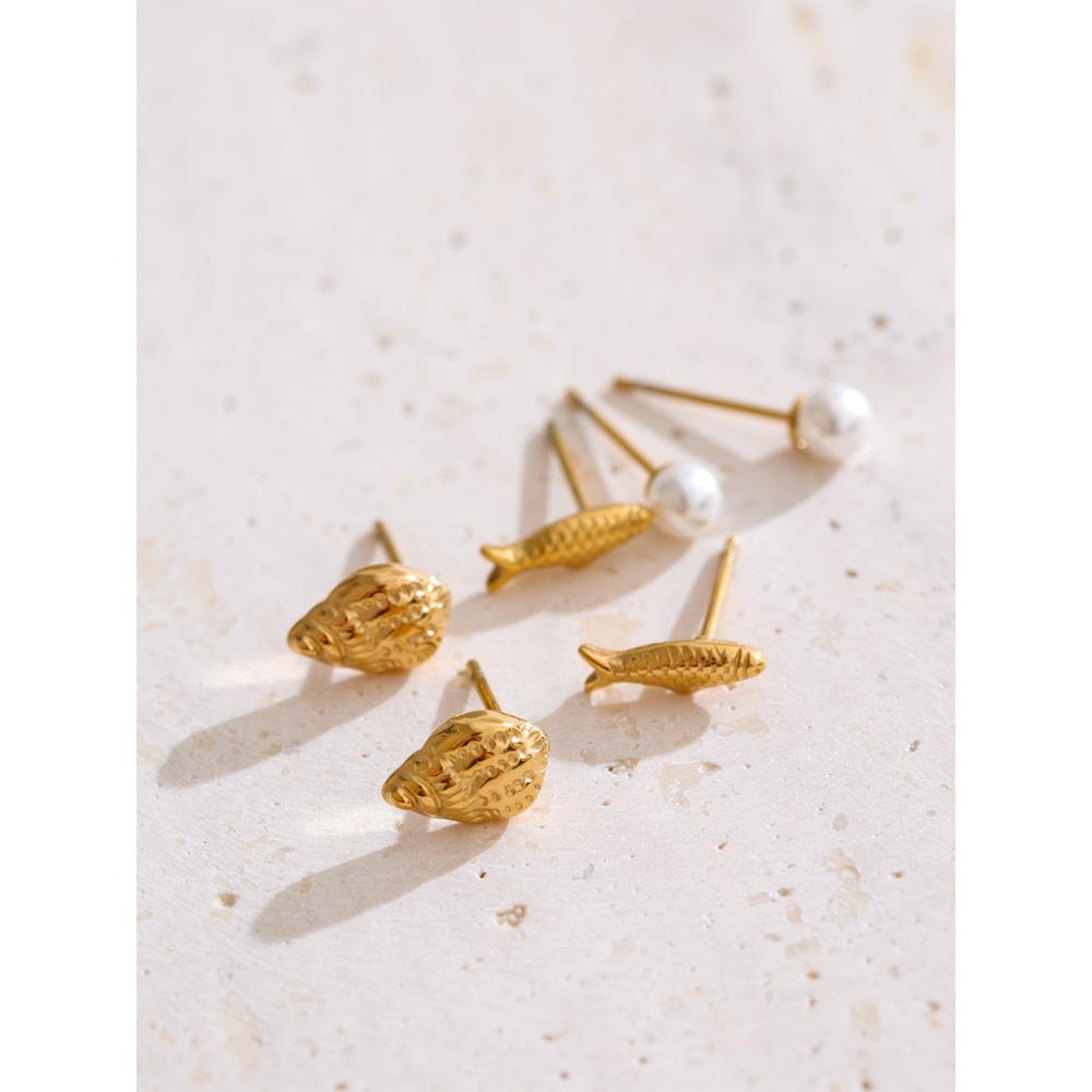 Yhpup Cute Mini Conch Fish Pearls Stud Earrings Set 16K Golden Platinum Plated Daily Wear Fashion Waterproof Jewelry Recommend