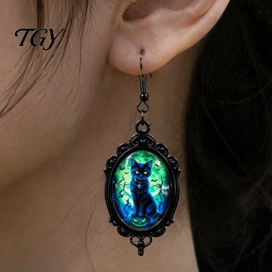 Niche Design Transparent Time Gem Jewelry 1 Pair Halloween Gothic Black Cat Earrings for Women, Vintage Durable Zinc Alloy Retro Dark Punk Style