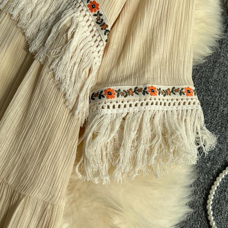 Винтажные длинные платья, женское летнее кружевное платье трапециевидной формы с v-образным вырезом и половиной рукавов и кисточками в стиле пэчворк, с высокой талией