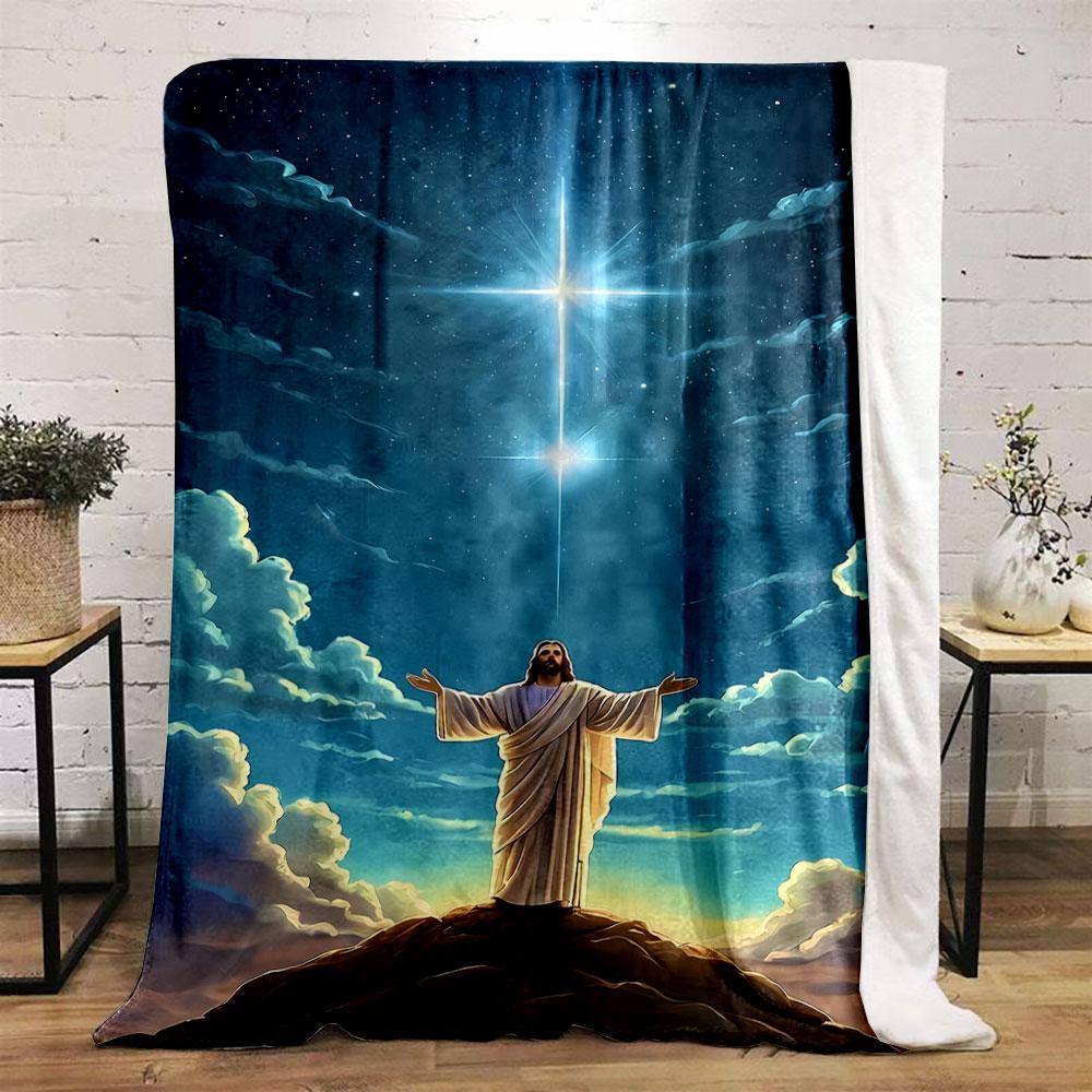 Jesus Cross Starry Sky Blanket Printed Blanket for Living Room Bed Couch lunch break Soft Cozy Blanket for Friend's festival Gift