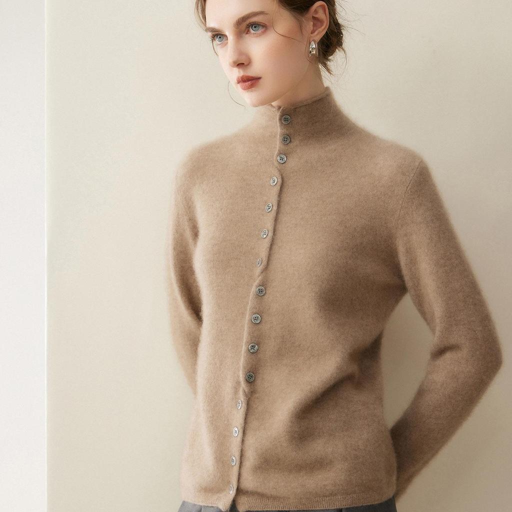Women's Pure Cashmere Single-Breasted Sweater - Winter 2026, Solid Color, Gentle Style, Loose Fit, Slimming Design