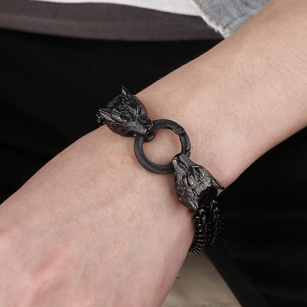 Norse Viking Wolf Head With Square Franco Link Chain Bracelet for Men Stainless Steel Men's Bracelets Masculine Jewelry Gifts