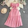 Off-the-Shoulder First Date Vintage Ruffled Waist A- Line Dress
