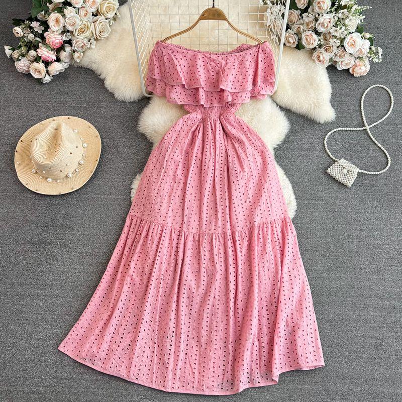 Off-the-Shoulder First Date Vintage Ruffled Waist A- Line Dress