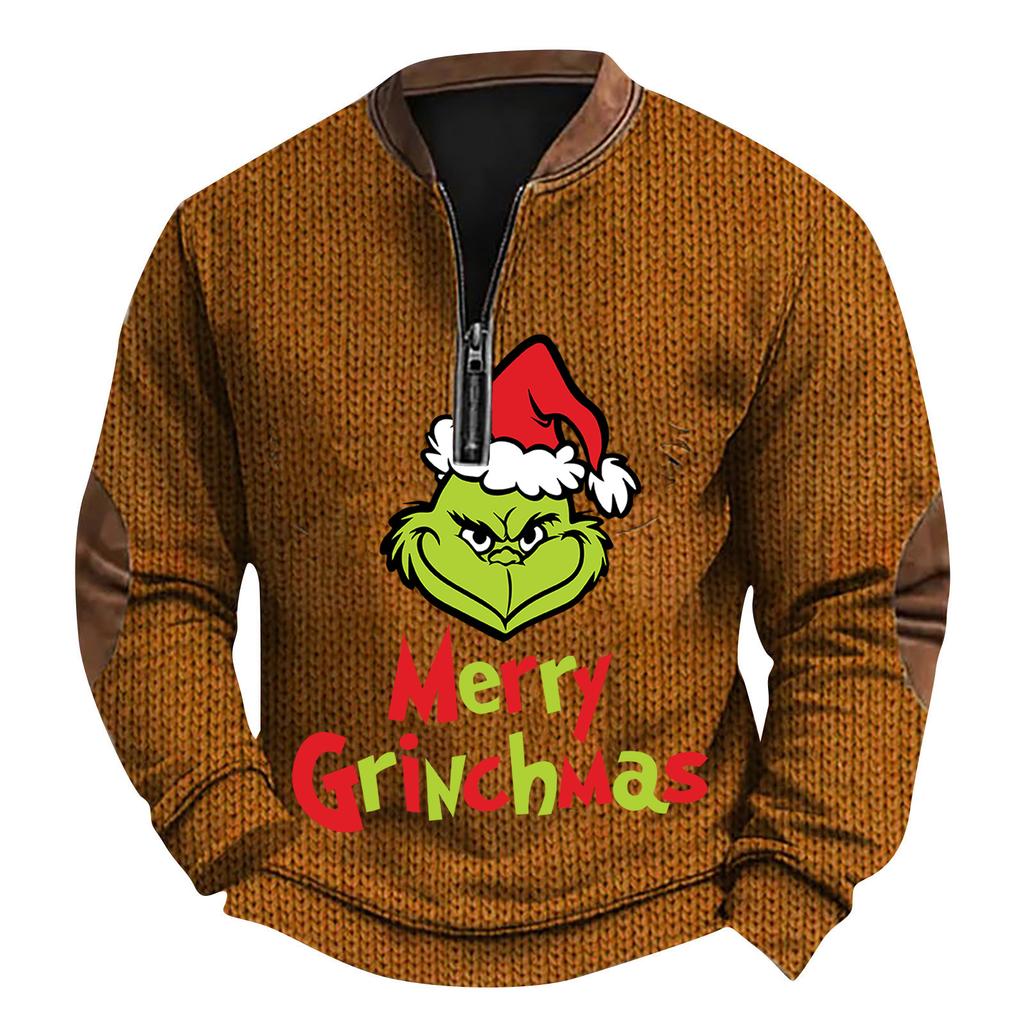 Мужской рождественский свитер на молнии, винтажный вязаный графический свитшот, рождественский пуловер со стойкой