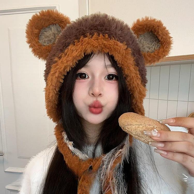 Autumn and winter new bear hat female round ears little raccoon cute plush hat strap warm knitted hat