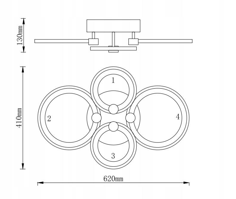 Ceiling Lamp 4 Rings Plafond Black Hanging Chandelier Led + Remote Control 50W 61Cm