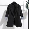 Yousheng Women Suit Coat Lapel 3/4 Sleeve Striped Cuffs Suit Jacket Single Button Pockets Design Loose Fit Business Workwear