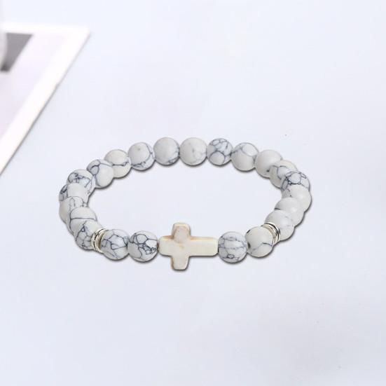 Браслет-крест для мужчин и женщин, браслет-крест из бисера из камня, эластичный браслет из камня, религиозный браслет, ювелирные изделия, подарки для христиан