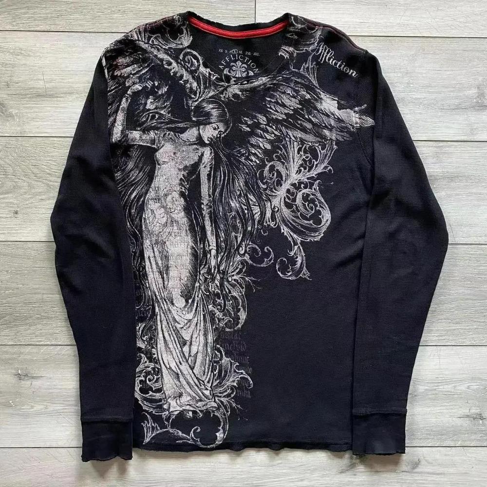 Affliction Футболка с длинным рукавом Модная футболка оверсайз с круглым вырезом Мужская с принтом крыльев Повседневные готические топы Уличная одежда